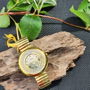 Gold Toned Women's Stretch Band Bracelet Watch with Rhinestone Crystal Accents